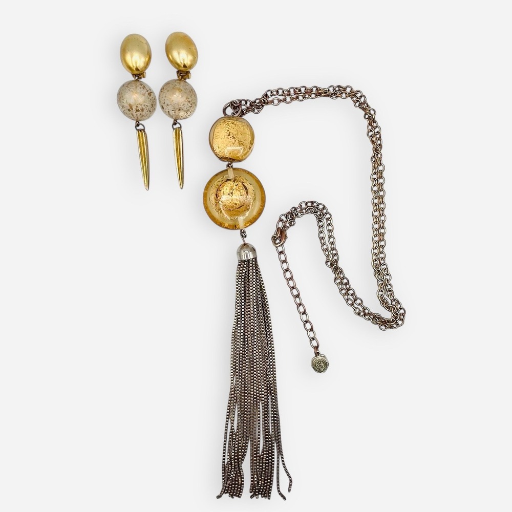 RJ Graziano Gold Tassel‎ Lucite Necklace & Clip Earrings Set
